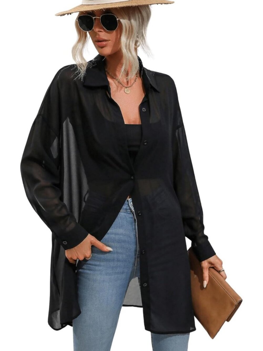 Sheer Long Sleeve Drop Shoulder Blouse with Collar - Loose Fit Casual Top